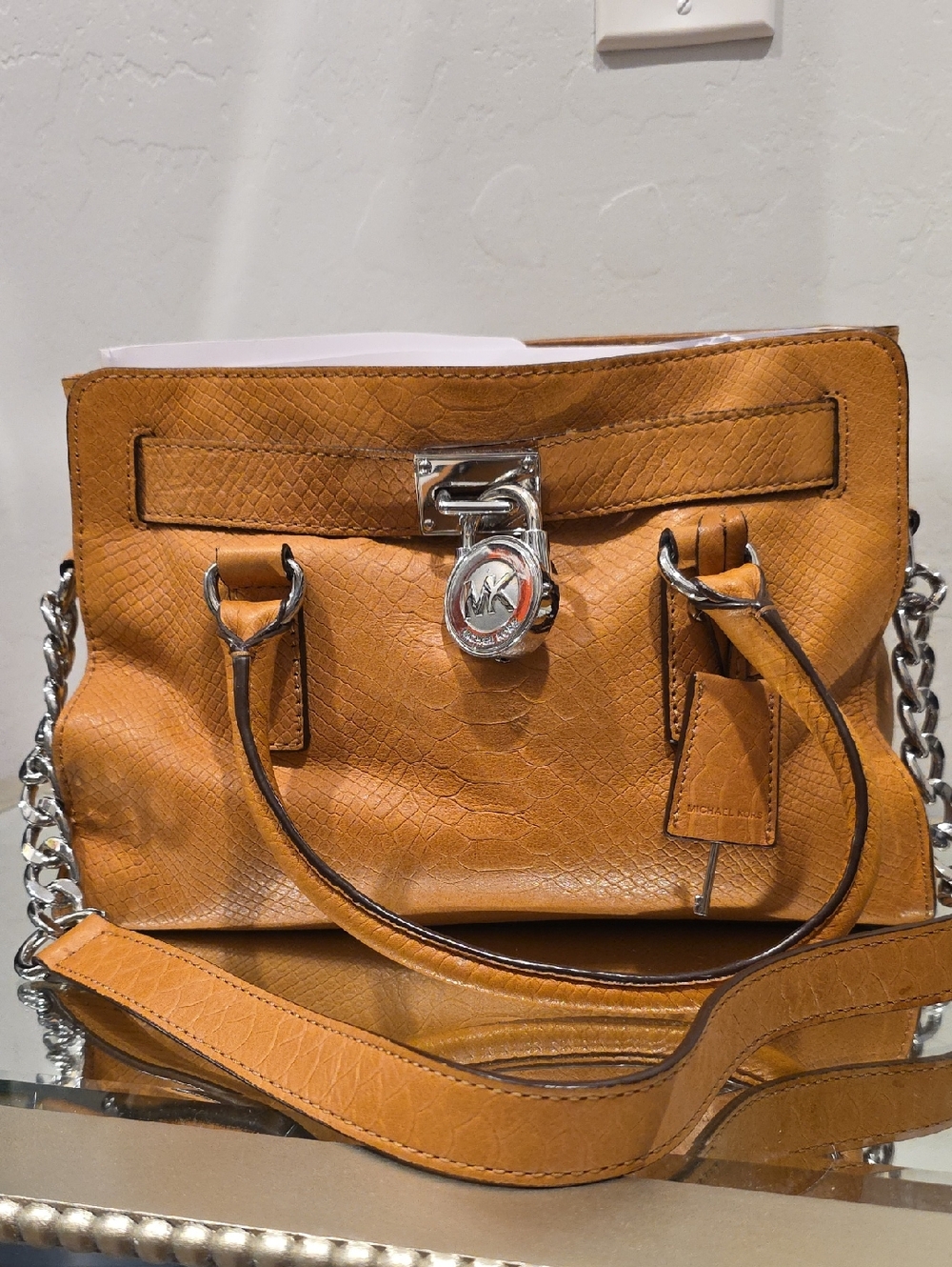 Michael Kors Cognac Textured Leather Satchel with Silver Chain Accents